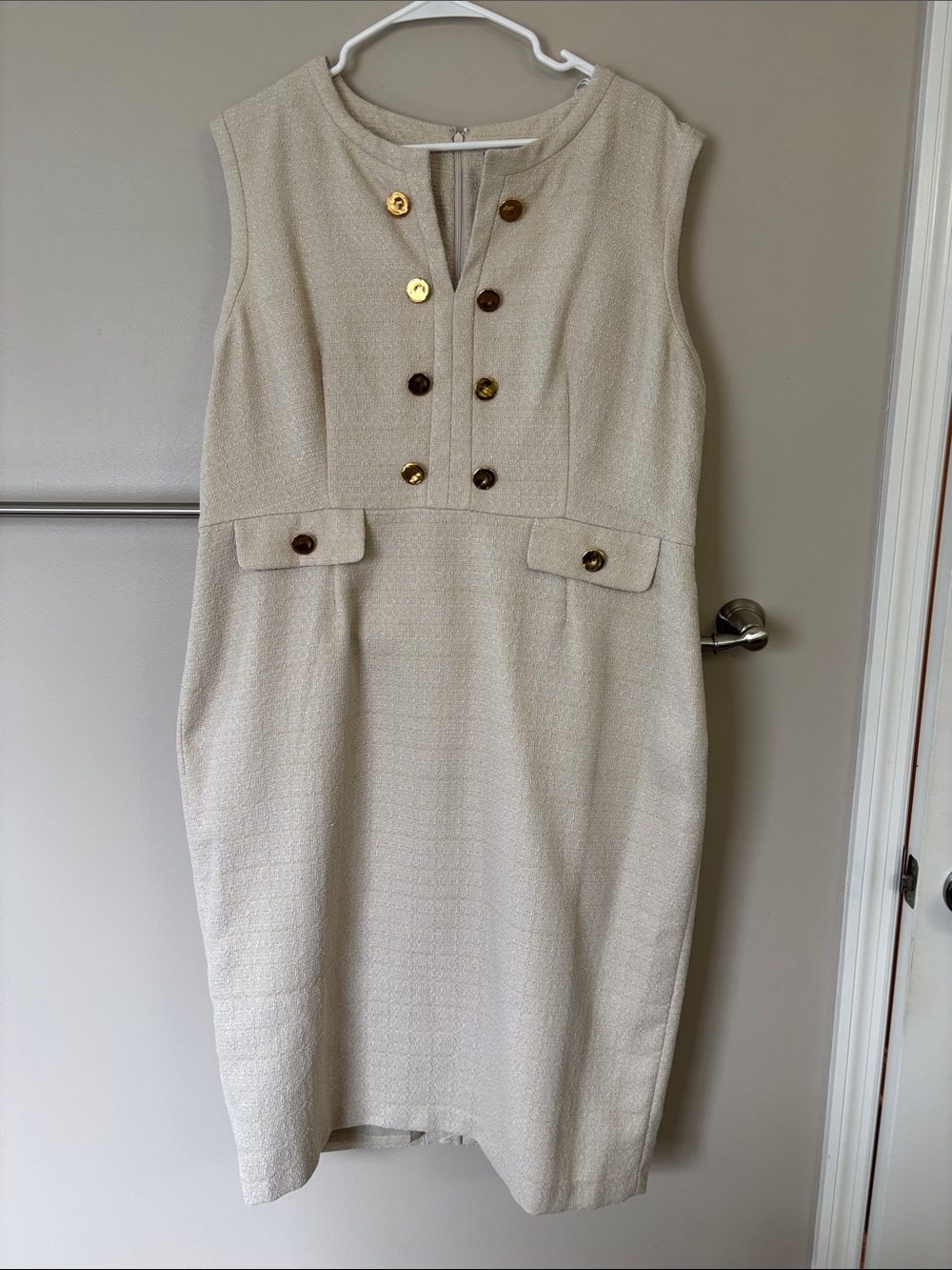 NWT Donna Karan Cream Sleeveless Sheath Dress with Gold Buttons